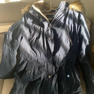 Nautica Dark Blue Women's Jacket with Fur Hood